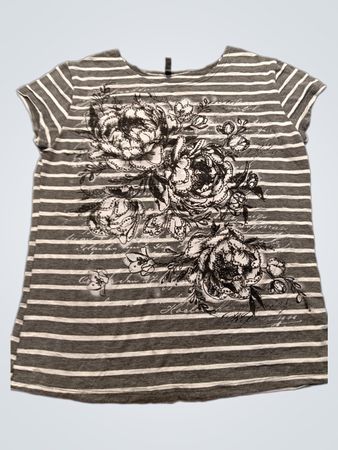 Gray and White Striped Floral T-Shirt