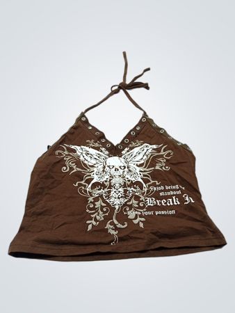 Braunes Trägershirt mit Totenkopf- und Flügelgrafik