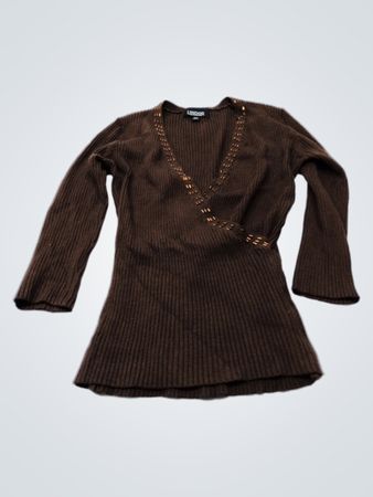 LINDOR Brown Ribbed Faux Wrap Beaded Neckline Long Sleeve Sweater