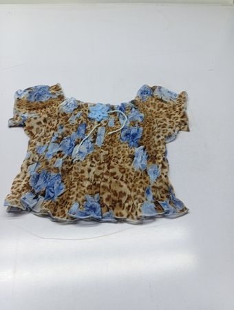  geraffte Leopardenmuster-Bluse mit blauen Blumenapplikationen