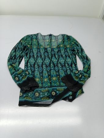 R PETITES Damen Blau Grün Gemustertes Langarmshirt