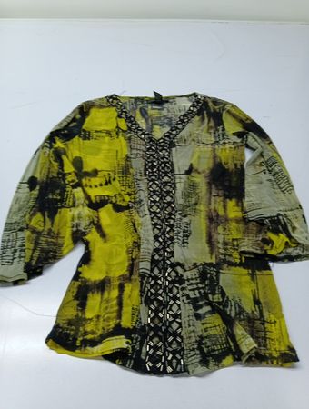 Alfani Damen Gelb Schwarz Abstraktes Druck Perlen V-Ausschnitt Bluse XS
