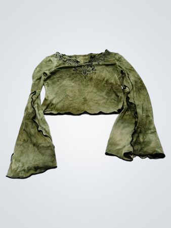 Grünes Batik-Top mit Glockenärmeln und kurzer Länge