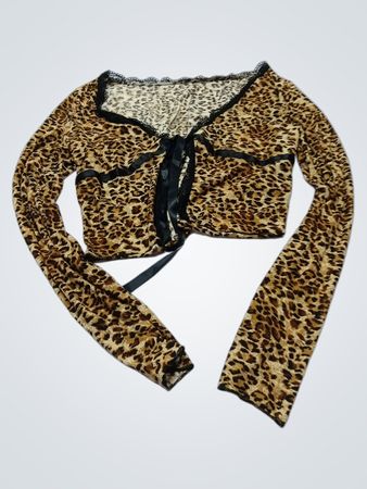 Leopardmuster Spitze Trim Krawatte Front Langarm Cropped Top