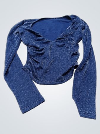 Blaues glitzerndes langärmliges gerafftes Crop-Top