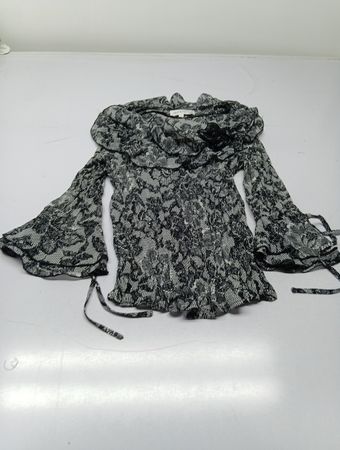 Laura Petites Damen Bluse mit Rüsche in Schwarz und Weiß mit Druck