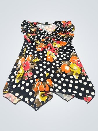 Say in the City Black Floral Polka Dot Twist Front Top