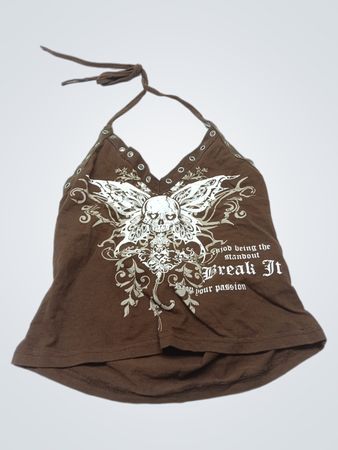 Braunes Neckholder-Oberteil mit Totenkopf- und Schmetterlingsmotiv