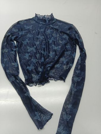 DELTAS Blue Butterfly Mesh Mock Neck Top