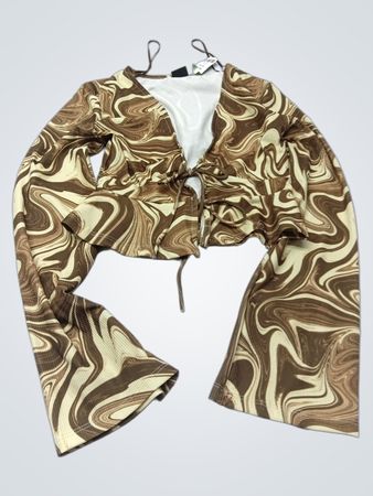 Ginatricot Swirl-Print Kurzes Oberteil mit Knoten vorne und langen Ärmeln