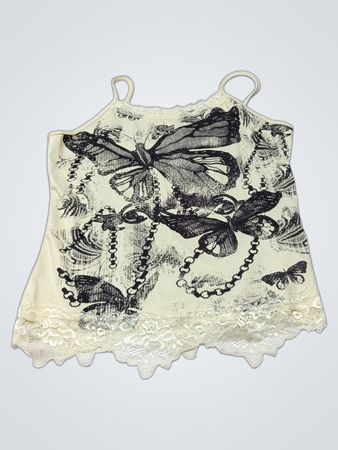 Cremefarbenes Camisole mit Schmetterlings- und Kettenmuster und Spitzenbesatz