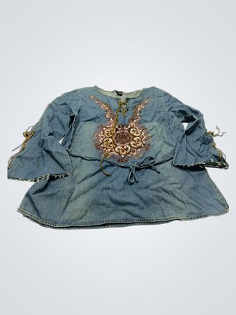 FANTASY Damen Jeansblaues Tunika-Oberteil mit Glockenärmeln und Stickerei