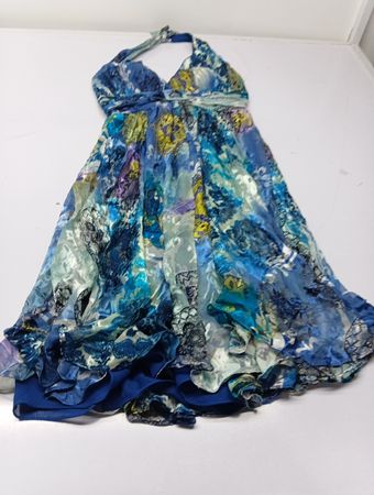 Suri Chin Maggie Boutique blaues Neckholder-Kleid mit floralem Muster Größe 4