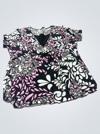 Damen V-Ausschnitt Top mit schwarzem, pinkem und weißem Blumenmuster