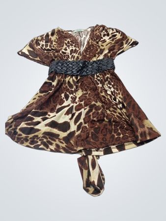 Rau Tees Damenkleid mit Tiermuster, V-Ausschnitt und Gürtel