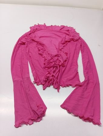 Rosa Mesh-Oberteil mit Glockenärmeln und Rüschen