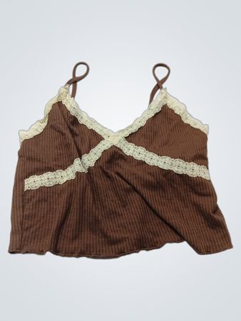 Bershka Braun geripptes Spitzensaum-Cami-Top
