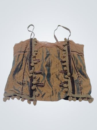 Braunes Korsett-Top mit Bommelbesatz