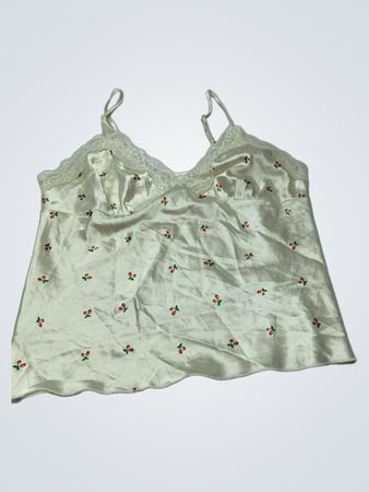 Weißes Satin-Camisole mit Kirschenmuster und Spitzenbesatz