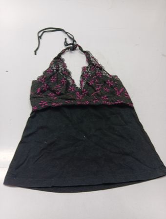 Bebe Black Halter Top with Pink Floral Lace Trim