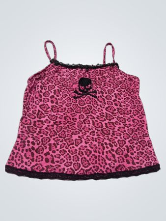 Rosa Leopardenmuster-Camisole mit Totenkopf- und Knochen-Detail