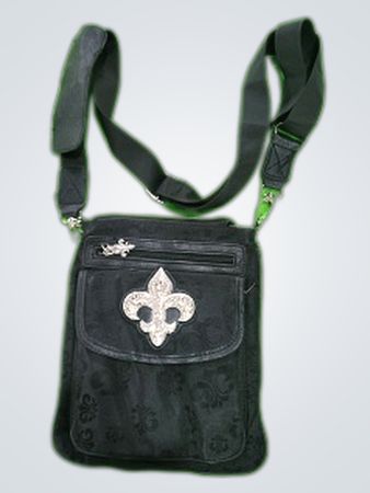 Schwarze Umhängetasche mit Fleur-de-lis-Verzierung