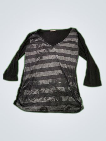 Black and Grey Striped Top with Flared Sleeves