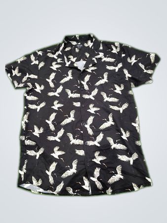 boohooMAN Black Crane Print Short Sleeve Button-Down Shirt