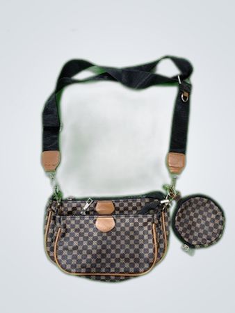 Brown Checkered Crossbody Bag with Pouch