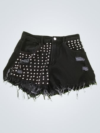 Black Denim Shorts with Rhinestones and Distressed Hem