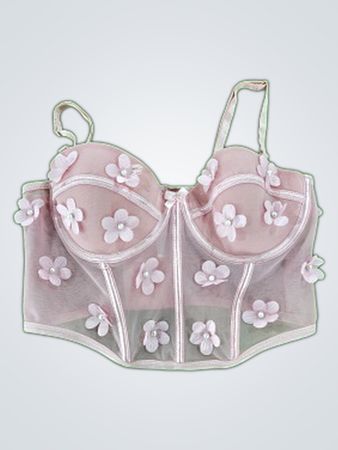 Pink Mesh Corset with Floral Appliques
