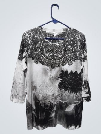Chico's Women's Black & White Graphic Print 3/4 Sleeve Top Size 2