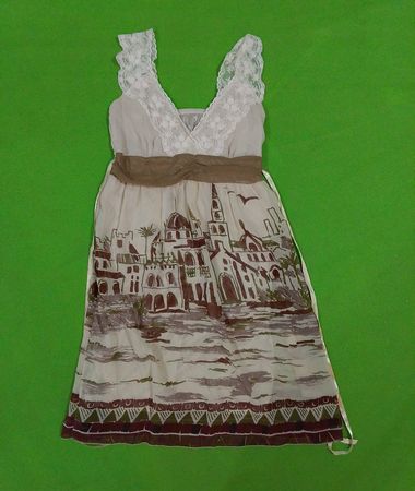 Women's White Lace Trimmed Dress with Cityscape Print
