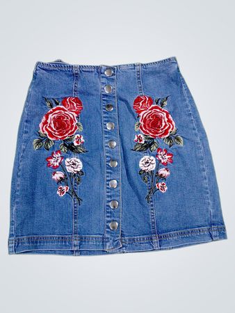 Denim Skirt with Floral Embroidery