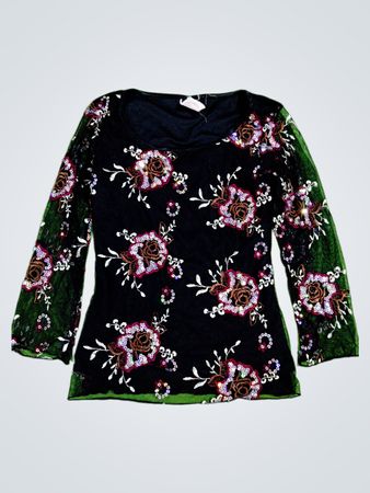Black Embroidered Mesh Long Sleeve Top