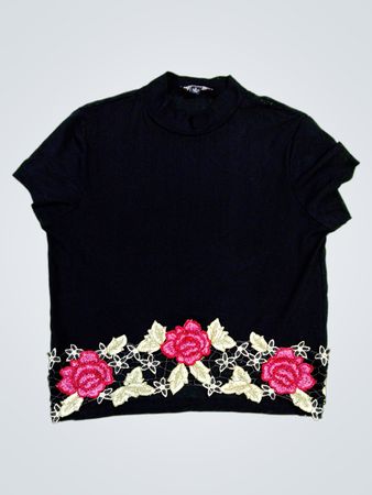M&S Black Floral Embroidered Mock Neck Top