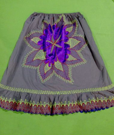Gray Skirt with Embroidered Design and Ruffled Hem