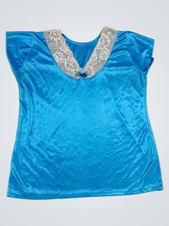 Blue Satin Top with Lace Trim