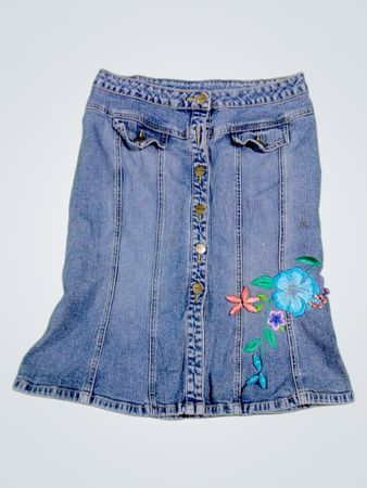 Blue Denim Skirt with Floral Embroidery