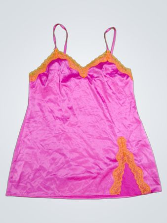 Pink Satin Cami Top with Orange Lace Trim