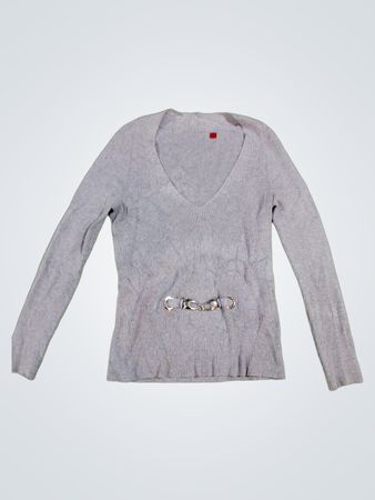 Grau gerippter V-Ausschnitt-Pullover mit Gürtel-Detail