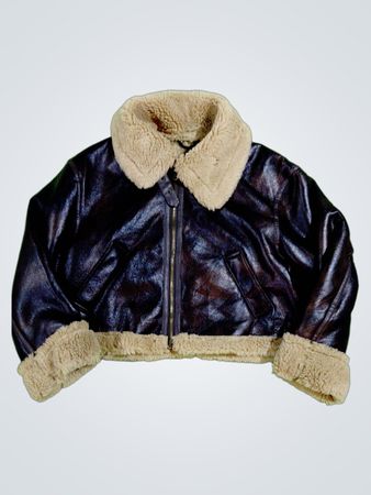 Braune Leder-Bomberjacke mit Schaffellkragen und -manschetten