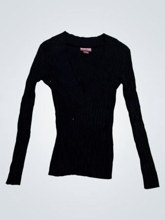 Hooked Up Schwarzer Ripp-V-Ausschnitt Langarmpullover