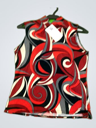Blouse with Red Black and White Swirl Pattern