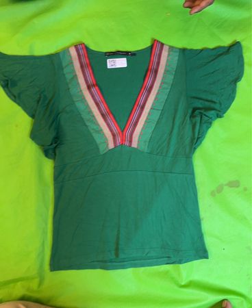 Green Blouse with V-Neck and Striped Accent