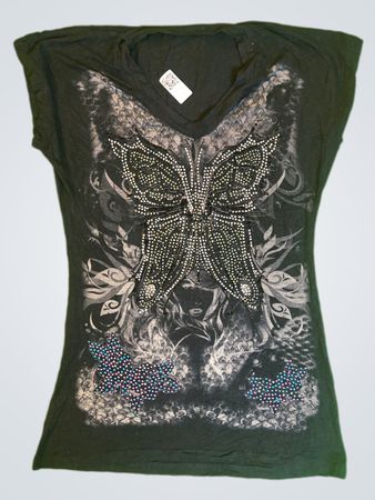 Bystory Black Butterfly Embellished V-Neck T-Shirt
