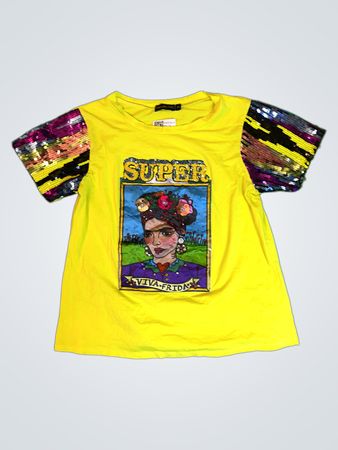 Denimland Yellow Graphic T-Shirt with Sequined Sleeves