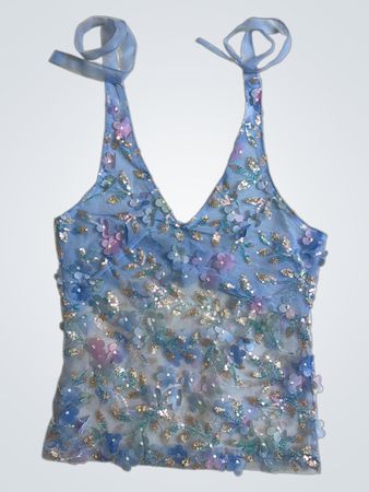 Upcycled Blue Floral Sequined Top