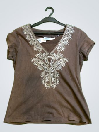 Brown Embroidered V-Neck T-Shirt