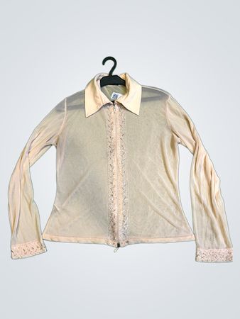 O3 OZONE Beige Langarm durchsichtige Bluse